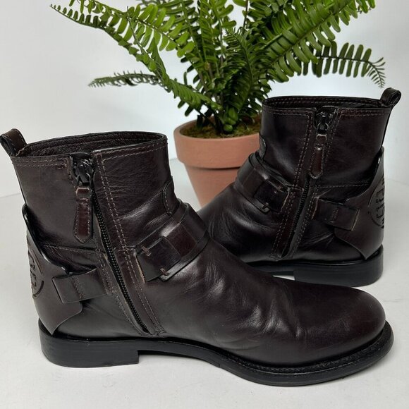 Tory Burch Colton Flat Leather Bootie Dark Brown logo Size 6 - Picture 9 of 15